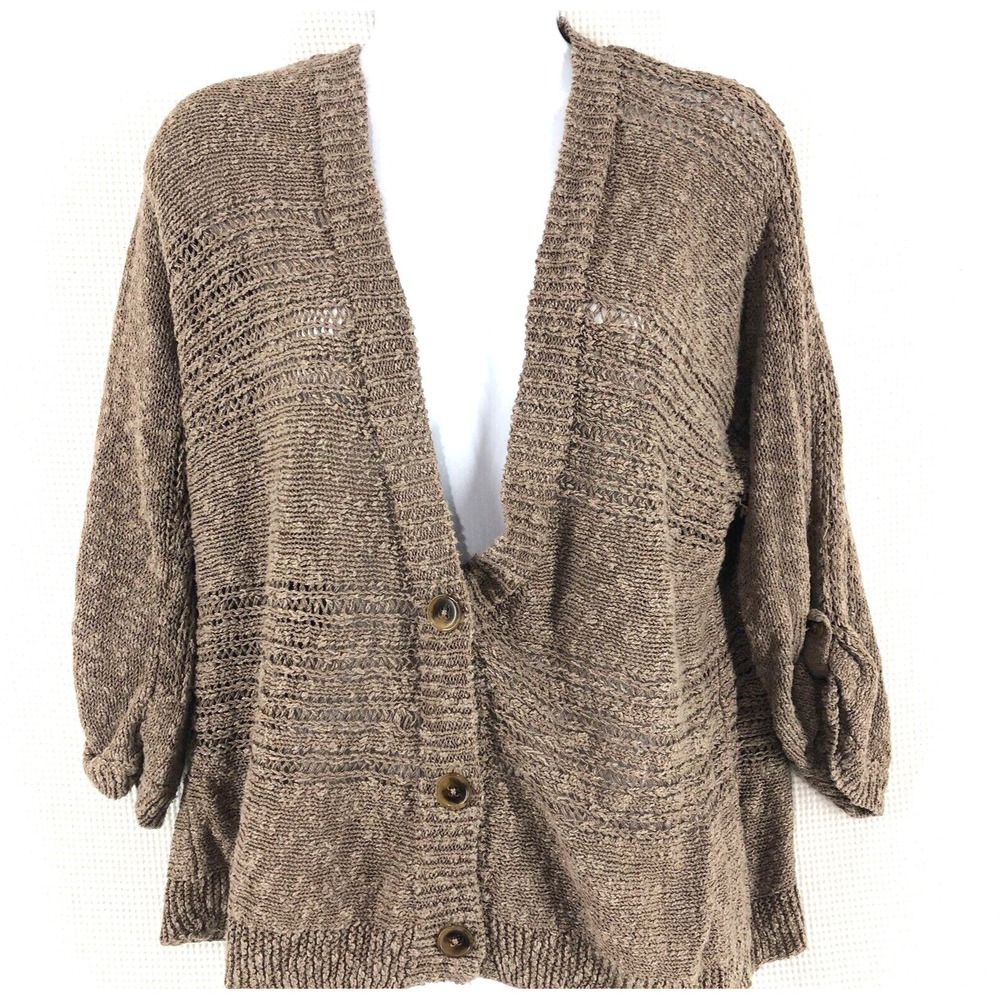 J Jill cardigan sweater women's M brown loose knit 3/4 sleeve roll tab 2 button‎